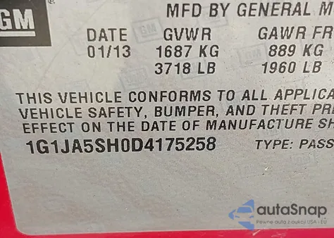 2013 Chevrolet Sonic Ls Auto from USA, damaged, VIN 1G1JA5SH0D4175258